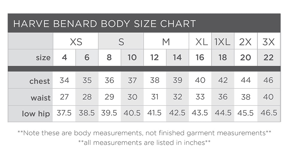 Harve Benard Size Chart